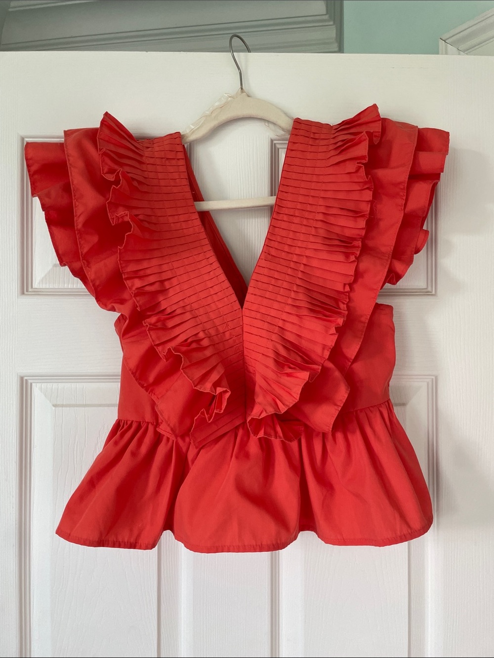 entro Orange-Red Ruffled V-Neck Peplum Blouse S